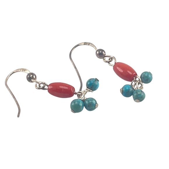 Handcrafted Silver Hook Earrings With Red & Turquoise Beads Boho - Picture 6 of 6